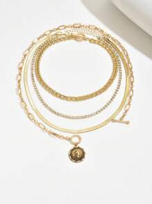 4pcs/Set Rhinestone Embellished Claw Snake Bone Cross Chain Necklace Set, Retro Elegant Choker - Yellow - View 4