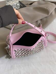 女士水桶包，时尚闪亮水钻点缀优雅浪漫迷人派对手提包，单肩/斜挎包黑色 - 黑色 - 查看 8