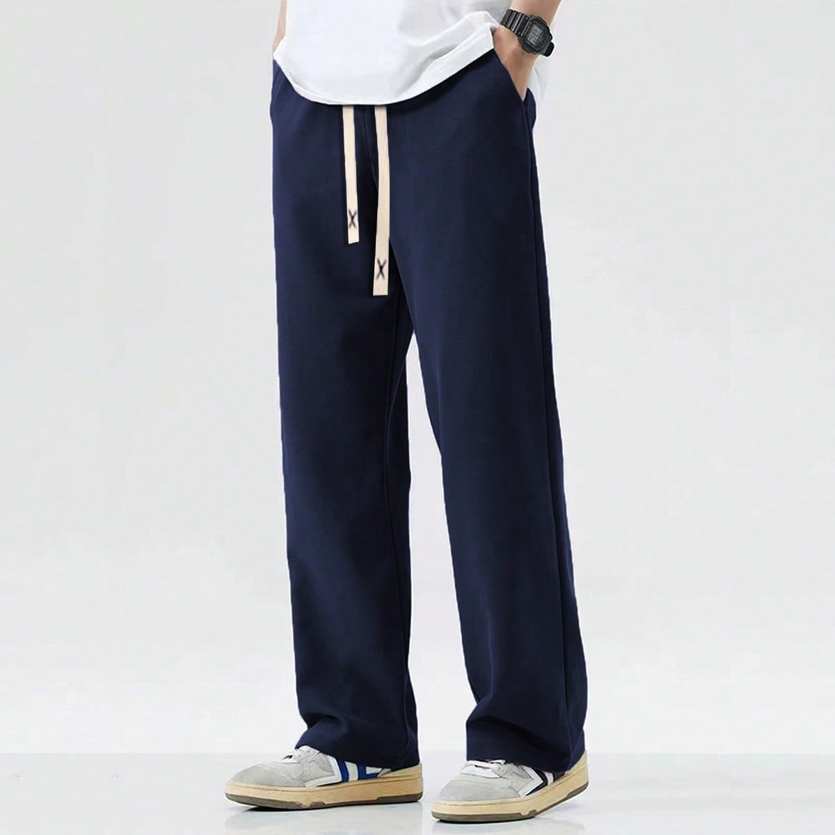 Pantalones deportivos casuales de pierna ancha y cintura con cordón para hombres, otoño/invierno primavera
