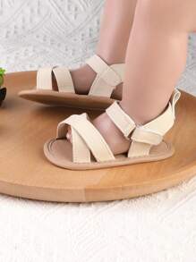 1 Pair Girls Solid Color Striped Hook And Loop Design Sandals/Slippers For Infant Girls 0-1 Years Old, Toddler Shoes, Suitable For Summer - Beige - View 3