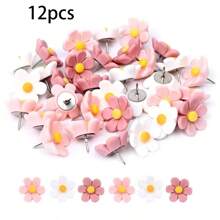 12pcs New Resin 3D Flower Push Pins, Decorative Pushpins With Pink Floral Pattern - For Photo Wall And Office Supplies Decoration,Back To School,School Supplies