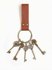 1pc Retro Hollow Skeleton Key Chain, Antique Bronze/Brass Tone Mixed Pendant For DIY, Wedding/Party Favors, Halloween Stage Props, Cosplay Accessories, Wall Decor, PU Leather Keychain For Halloween LARP - A - View 9