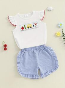 2Pcs Toddler Girl Summer Outfits Ruffle Sleeve Embroidery Tops + Plaid Shorts Set Kids Clothes