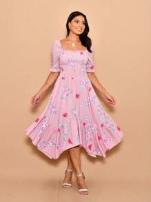 Helena Midi Dress With Printed Crepe Lastex Stitching And Short Sleeves - 乾枯玫瑰色 - 查看 5