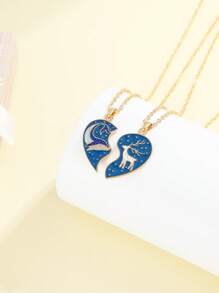 2pcs Creative Cartoon Heart Necklace With Alloy Oil Drops, Cute Whale Elk Patchwork Pattern Necklace For Daily Wear, BFF Necklace, Friendship Necklace, Sister Gift, Girl Necklace, Sister Necklace