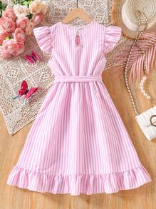 Tween Girl Striped Ruffle Hem Dress With Belt - Pink - View 2