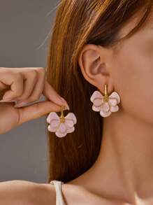 2pcs Enamel Pink Floral Earrings, French Gentle And Elegant - Plated Exaggerated Earrings - Multicolor - View 2