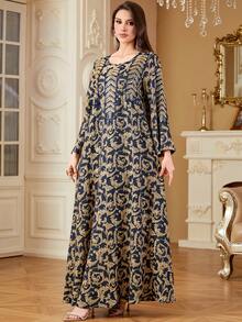 女士优雅亮片珠饰蕾丝拼接圆领长款阿拉伯风格连衣裙，绿色，朴素的卡夫坦 - 藏蓝色 - 查看 3