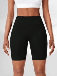 5 Pack Plus Size Sports Leggings Set, Women's Plus Solid Wide Waistband Tummy Control Yoga Biker Shorts With Phone Pockets Stretchy Ruched Butt Lifting Yoga Sports Shorts, Women's Activewear - 5pcs - 查看 7