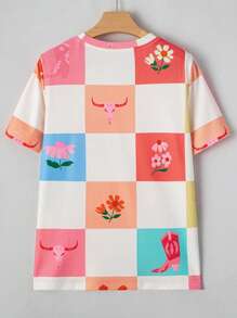 Acelitt Western Style Colorful Plaid Floral Print Round Neck T-Shirt Vacation Casual - Multicolor - View 5