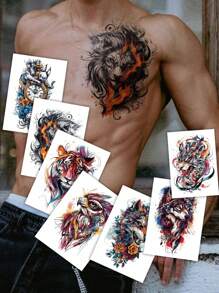 STARTTOOS 7pcs/Set Men Colorful Animal Beast Flame Temporary Tattoo Sticker, Ideal Body Art For Everyday, Party, Holiday Gifts - Large Size Arm, Chest, Back - Multicolor - View 2
