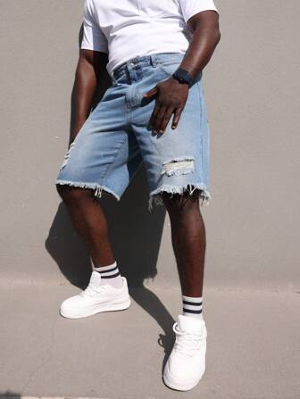 Plus Size Men's Light Blue Distressed Denim Shorts, Frayed Hem