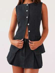 Women's 2 Piece Denim Skirts Outfits Solid Color Buttons Sleeveless Denim Tank Tops Jean Skirts Clothes Set - Dark Grey - View 1