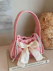 1 Pc Artistic Style Maiden Shoulder Bag Sweet Children Drawstring Handbag Underarm Bag Versatile Lightweight Portable Drawstring Closure Foldable For Daily Storage Bag Suitable For School Holiday Travel Shopping Birthday Party Supermarket Festival Excellent Gift Campus Gift Solid Color Corduroy Cute Lace Bow Decorate Casual Bag Suitable For Students Girl |Storage Bag Travel Accessories Back To School Stuff - Multicolor - View 8
