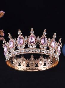 1pc Baroque Style Princess Tiara Jewelry Decor, Round Rhinestone Alloy Bride Crown For Women Wedding, Festival, Birthday Party - Round Crown - View 2