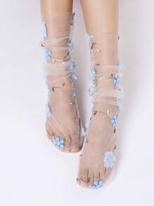 New Lace Mesh Mid-Calf Socks, Sweet Floral Net Fashionable Stack Socks For Women, Casual Summer