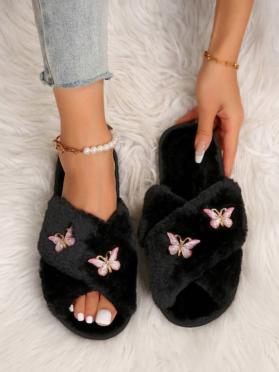 Zapatillas de mujer con diseño de mariposa, zapatillas de estar por casa brillantes e imprescindibles, con características clave antideslizantes y de alta calidad, en color negro - polvo negro - Ver 1