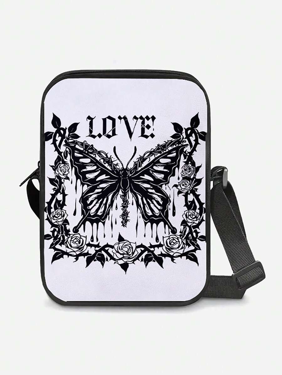 蝴蝶图案印花休闲斜挎包，可调节肩带，轻质拉链腰包，涤纶材质，拉链封口邮差包