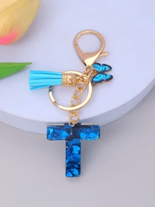 1pc Women's Initial Letter Black Butterfly Glitter Crystal Resin Epoxy Keychain With Butterfly Tassel Decor