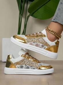 Novo Estilo Metálico Brilhante de Sapatos, Calçado Feminino Casual Atlético, Tênis Respiráveis de Laço, Mocassins Planos Versáteis e Confortáveis com Glitter Dourado no Cabedal