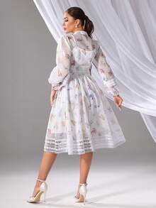 女士花卉印花蕾丝边休闲日常长袖连衣裙