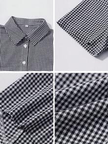 阳光少女风春季情人节女装Y2K返校季棉质修身翻领短袖衬衫，带纽扣，蓝色格子学院风上衣 - 藍色 - 查看 11