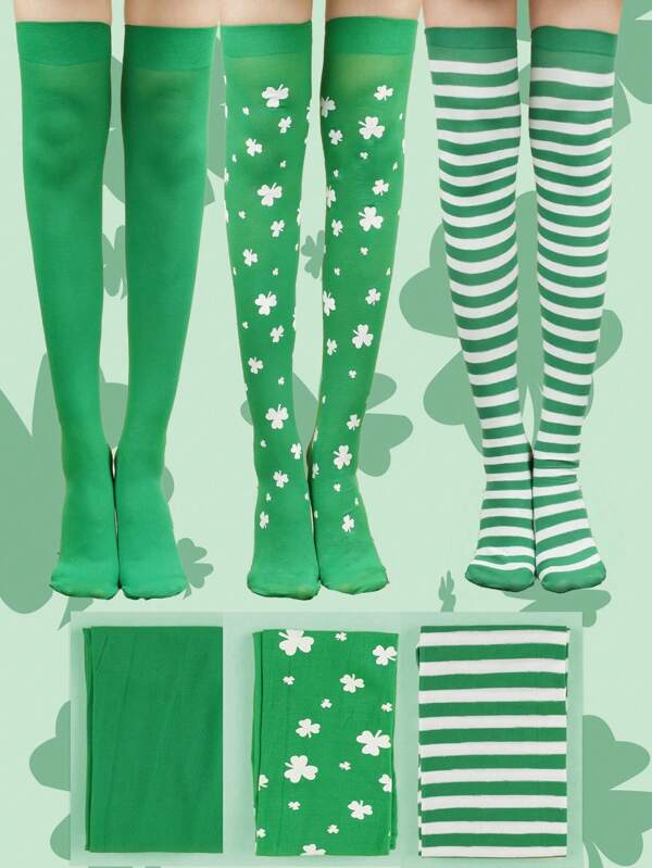 3pcs/1pair Women Green Striped Clover Over-The-Knee High Socks, Suitable For Performance, St. Patrick's Day