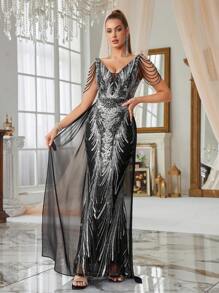 弹性串珠 V 领鱼尾裙，收腰设计，搭配手工串珠链条肩带，打造优雅奢华造型，适合派对、毕业典礼、婚礼、正式活动、派对礼服、婚礼宾客礼服、晚礼服、礼服等各种场合