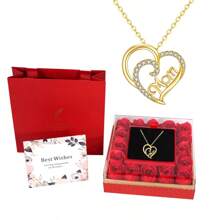 1pc Copper Alloy Artificial Zirconia Double Heart Letter "MOM" Pendant Necklace, High-End Personalized Women Fashion Necklace With Simulated Rose Gift Box, Mother's Day Gift - Gold - View 1