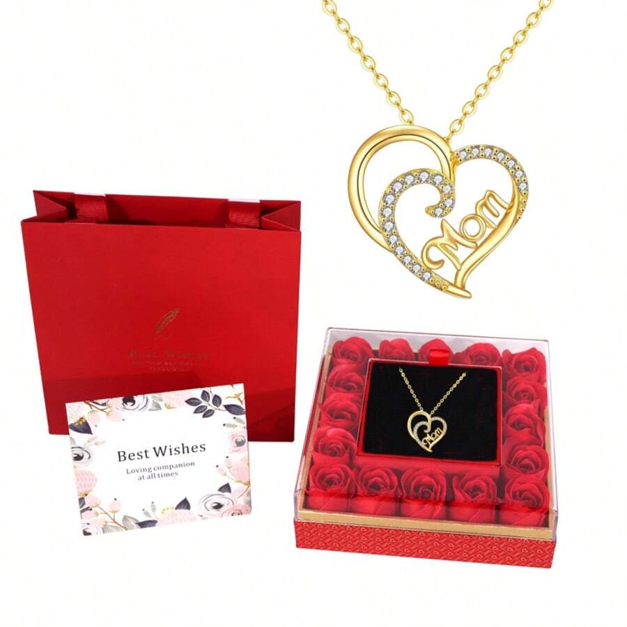 1pc Copper Alloy Artificial Zirconia Double Heart Letter "MOM" Pendant Necklace, High-End Personalized Women Fashion Necklace With Simulated Rose Gift Box, Mother's Day Gift - Gold - View 1