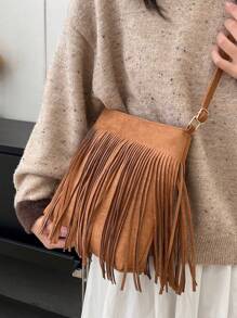 [轻质波西米亚斜挎包] 休闲流苏斜挎包，轻质波西米亚风格钱包，配有可调节肩带，纯色化纤材质，涤纶衬里，带扣闭合 - 适合任何场合的经典流苏单肩包 - 棕色 - 查看 4