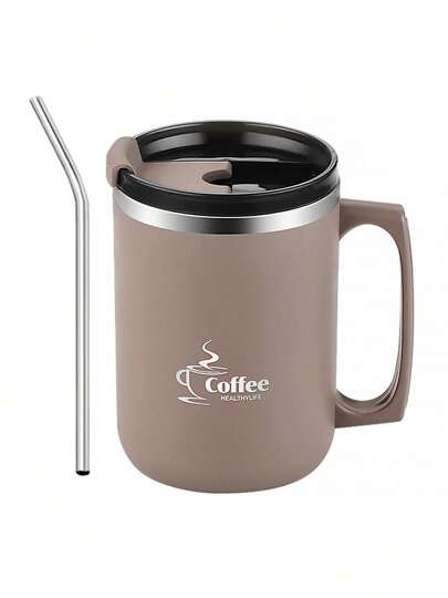 Vaso térmico de café de 500ml con tapa, pajita y asa, diseño a prueba de fugas, apto para bebidas calientes y frías, excelente para la oficina, viajes y actividades al aire libre