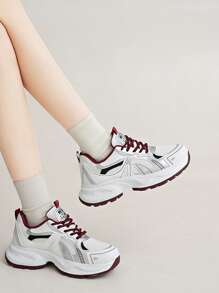 Women's White Casual Sneakers, Thick Sole Chunky Sneakers, Mesh Breathable, Printed Lace-Up, Petite Height Increase, Suitable For Daily Casual Wear, Travel, Shopping, Fashion Versatile - Red - View 4