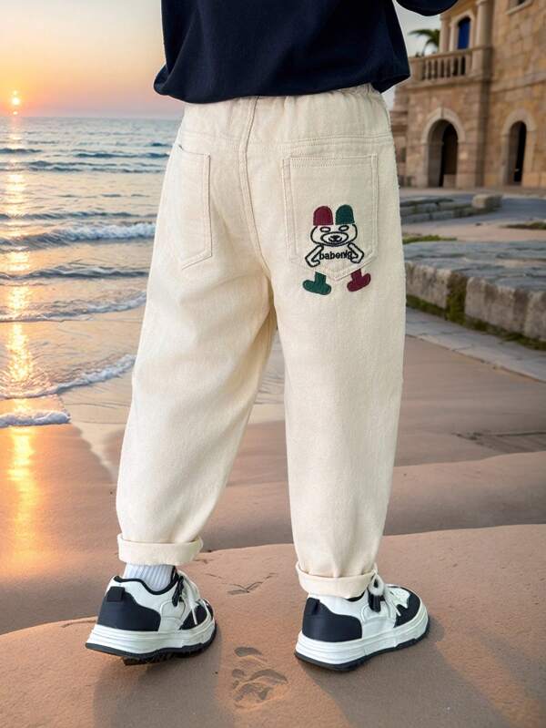 Boys' Cartoon Embroidery Casual Denim Jeans Pants, Suitable For Toddler & Little Kid, Spring