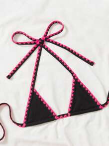 New Summer Beach Sexy Crinkle Hibiscus Red Flower Bud Thong Micro Triangle Bikini Set - Black - View 6