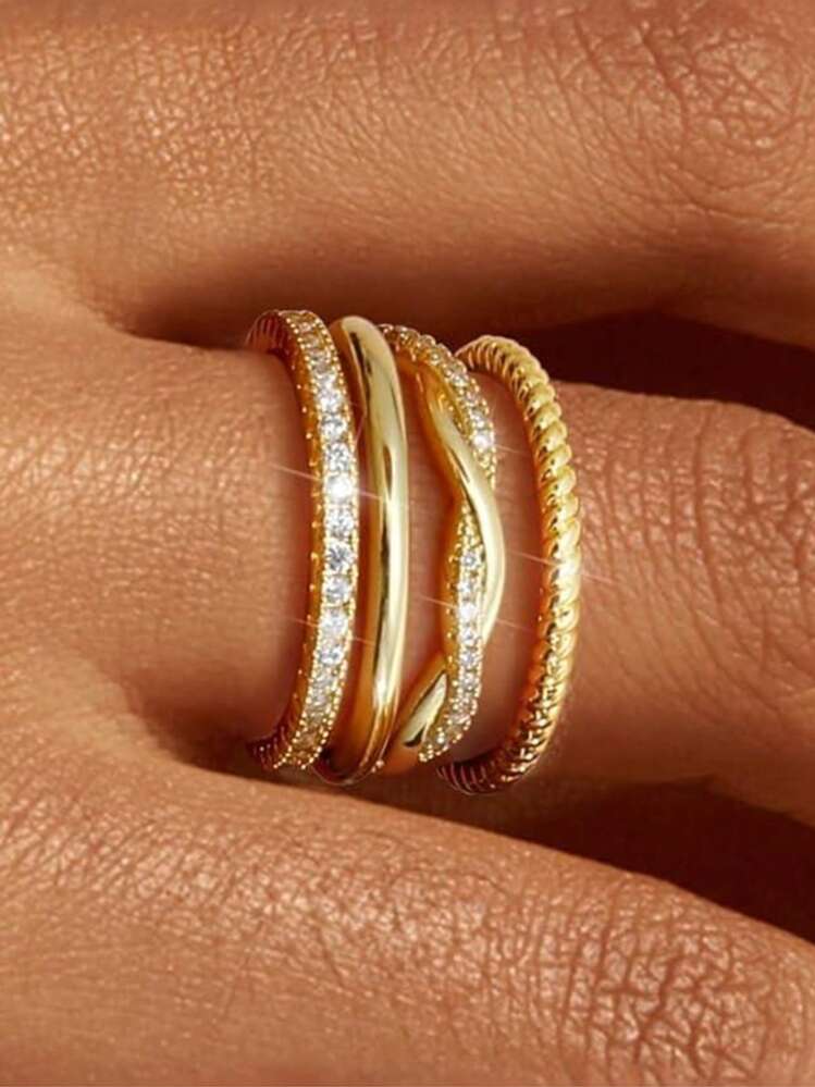4 Pcs/Set Golden Everyday Stackable Rings Set Classic Twist Cubic Zirconia Promise Wedding Band Anniversary Engagement Rings For Women Daily Jewelry Gifts - Ring Set - View 12