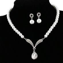 Fashion Rhinestone Flower & Pearl Necklace With Matching Clip-On Earrings Set