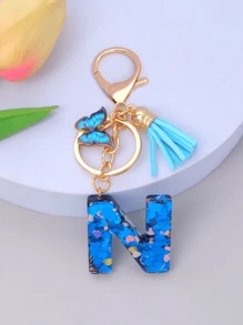 1pc Women's Initial Letter Black Butterfly Glitter Crystal Resin Epoxy Keychain With Butterfly Tassel Decor