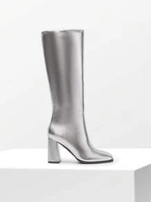 Women's Chunky Heel Go-Go Boots - Square Toe Knee High Side Zip Tall Boots For Casual, Retro, Party - 銀色 - 查看 3