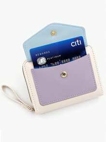 Candy Color Women's Short Wallet, Fresh Minimalist PU Colorblock Accordion Card Holder, Macaron Color Clutch Bag, Coin Purse Zipper Bag - Multicolor - View 3