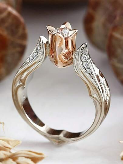 [Perfecto para uso diario Anillo de rosa] Anillo de flor de rosa elegante, incrustado con circonita cúbica - Estilo vintage bohemio, cobre plateado en plata, ideal para uso diario y como regalo.