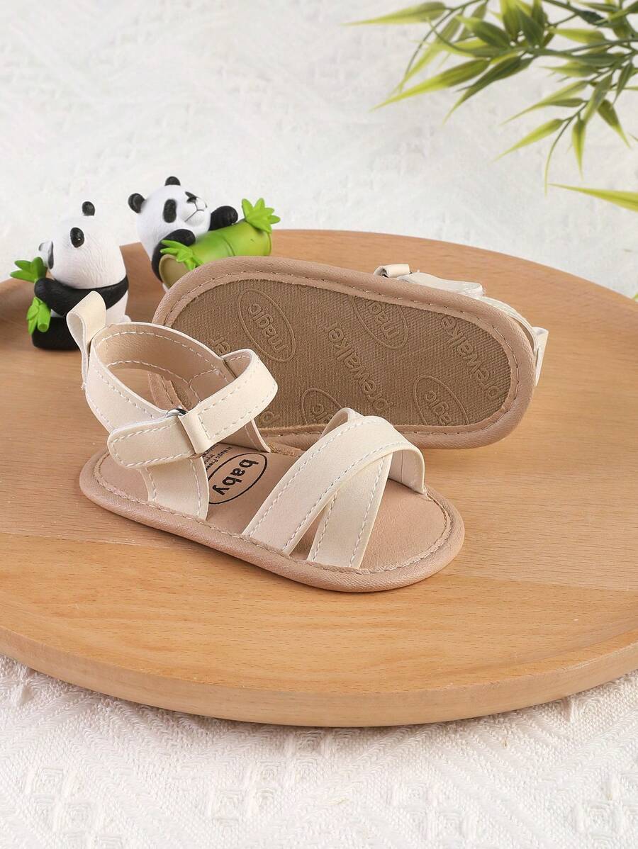 1 Pair Girls Solid Color Striped Hook And Loop Design Sandals/Slippers For Infant Girls 0-1 Years Old, Toddler Shoes, Suitable For Summer - Beige - View 1