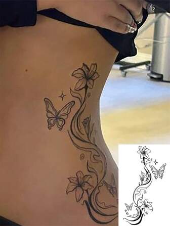 1 pieza Tatuaje temporal impermeable, diseño elegante de flores y mariposas, hoja de tatuaje temporal de alta calidad adecuado para personas de moda, uso de tatuaje falso en el brazo