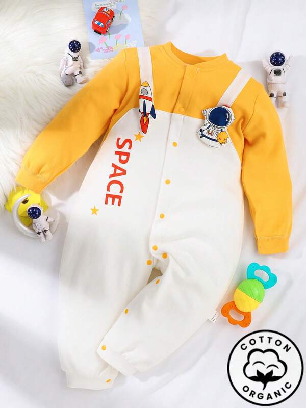 1 szt. niemowlęcy/malutki unisexowy kombinezon z motywem rakiety i astronauty, bawełniany kombinezon z długim rękawem, piżama na wiosnę/jesień