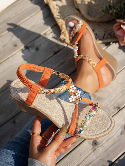 WRCVS 橙色女士编织带凉鞋，夏季厚底草绳串珠手工编织鞋，轻便度假波西米亚风坡跟凉鞋