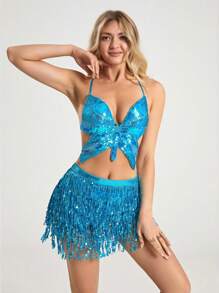 2pcs Halloween Sequin Butterfly Bra Top & Shorts, Dance Performance Costume, Belly Dancing & Latin Dances