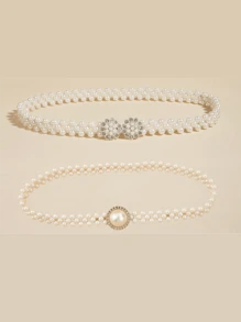 2pcs Women Pearl Elastic Waist Chain With Gold Flower & Bow Accent, Suitable For Evening Dress, Parties, Weddings, Mother's Day Gift