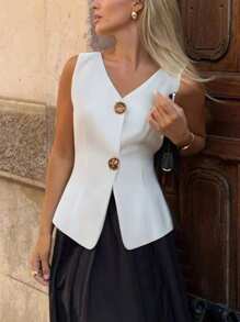 女士无袖上衣，女士时尚纽扣背心，春夏商务修身OL背心