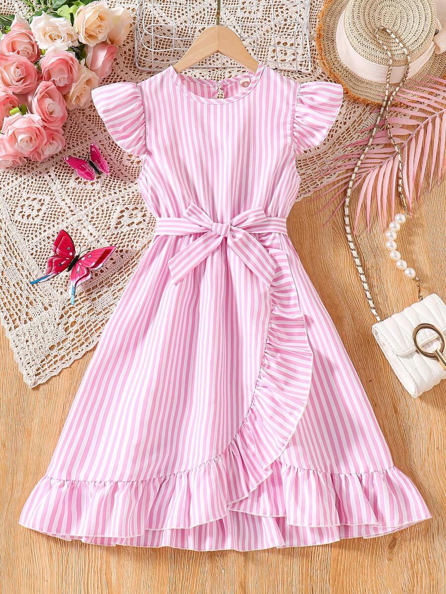 Tween Girl Striped Ruffle Hem Dress With Belt - Pink - View 1
