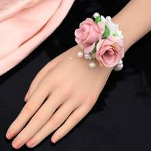 1pc Brooch + 1pc Wrist Corsage Set, Pink & White Rose Beaded Decoration Brooch For Groom, Bride, Parents, Bridesmaids, Wedding, Party, Prom, Daily Wear